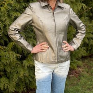 Y2K Genuine Leather Silver Jacket Zip Front Collared